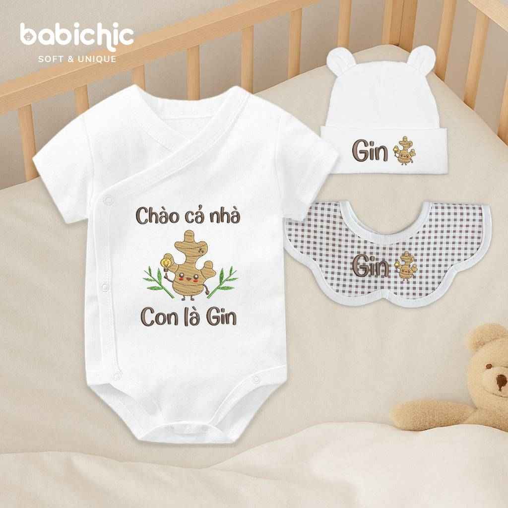 Bodysuit sơ sinh cho bé trai – Thêu tên “Con là Gin”, hình củ gừng dễ thương – Quà đầy tháng cá nhân hóa