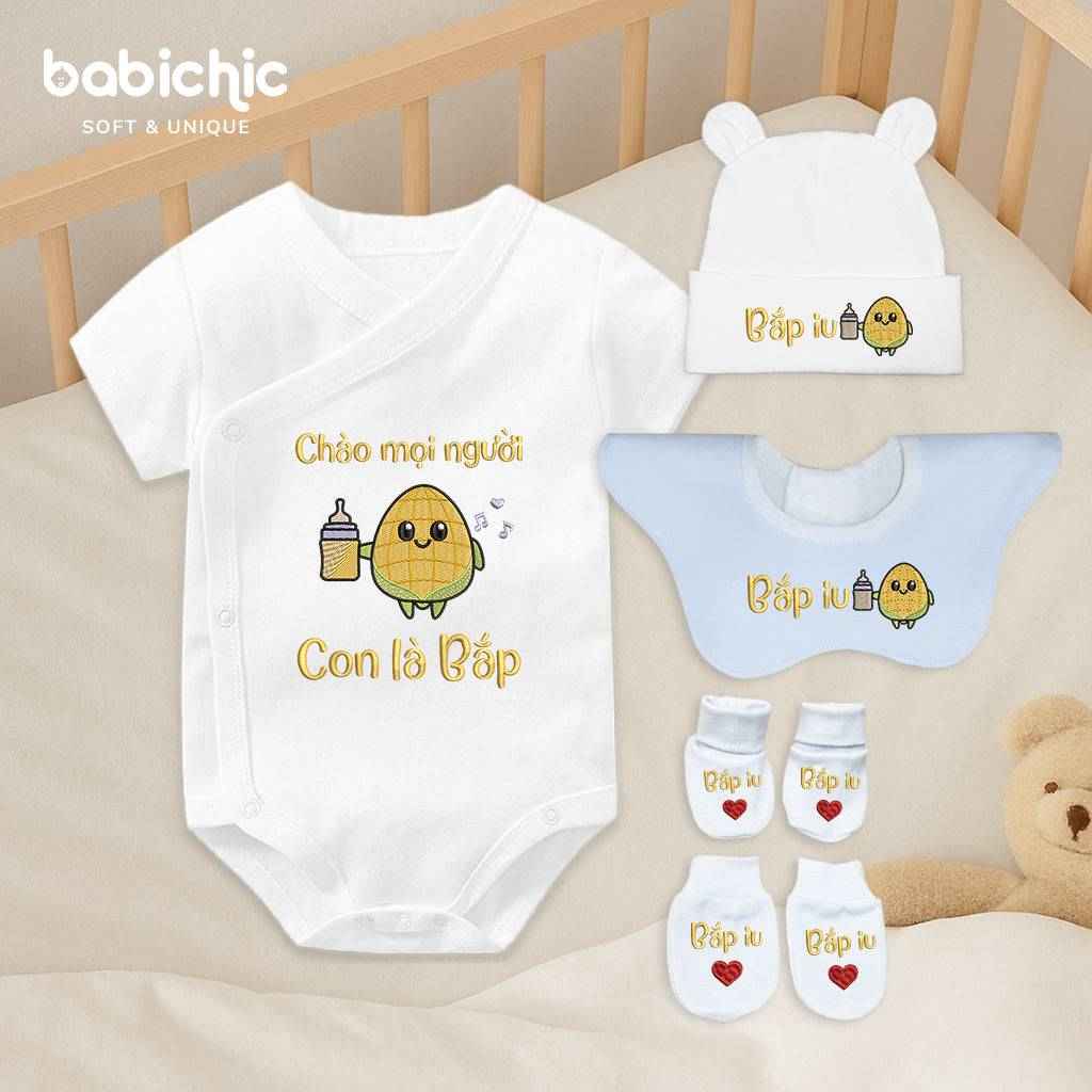 Set quà đầy tháng sơ sinh cho bé trai – Bodysuit thêu tên “Con là Bắp”, hình bé bắp dễ thương