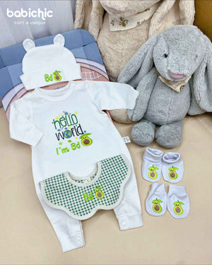 Set quà thêu tên cho bé trai - Bơ - Cotton Organic, Hình Trái Bơ, Tone Xanh Lá, Quà Đầy Tháng Bé Trai Cá Nhân Hóa