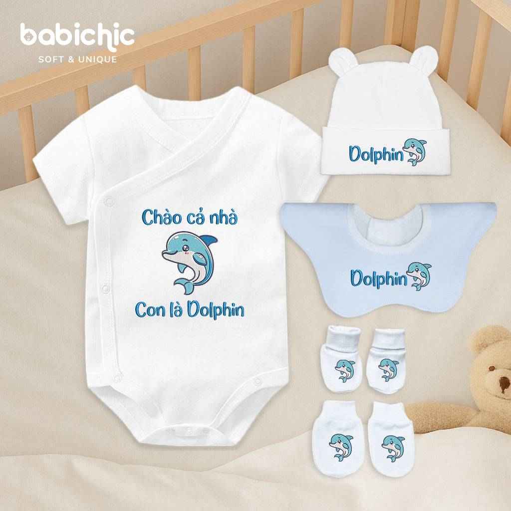 Bodysuit đầy tháng bé trai thêu tên cá nhân hóa – Mẫu “Con là Dolphin”, hình cá heo cute