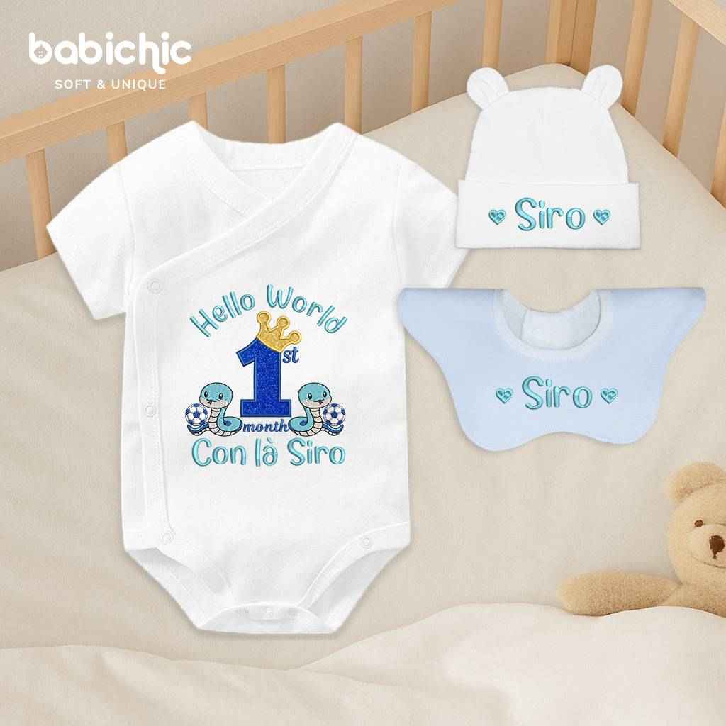 Quà tặng sơ sinh cá nhân hóa cho bé trai – Bodysuit thêu tên “Con là Siro”, hình rắn