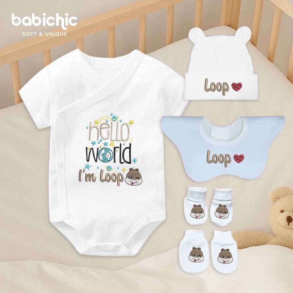 Bodysuit cá nhân hóa cho bé trai sơ sinh đầy tháng – Mẫu “Hello World – I’m Loop”, hình rắn nâu cute