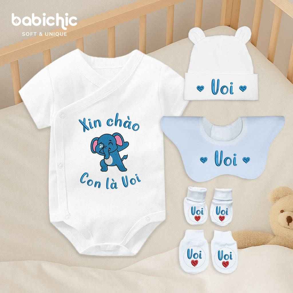 Set quà đầy tháng bé trai thêu tên theo yêu cầu – Bodysuit “Con là Voi”, hình voi xanh dương