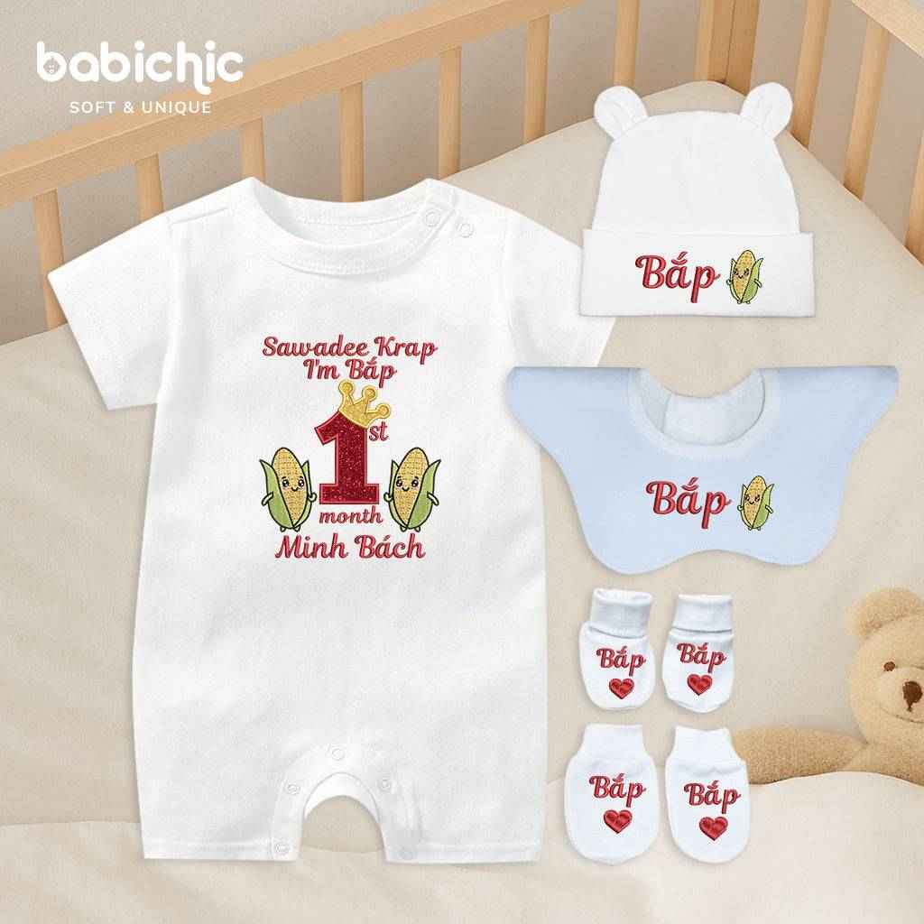 Quà đầy tháng bé trai thêu tên cá nhân hóa – Bodysuit “I’m Bắp – Minh Bách”, hình trái bắp + 1st month