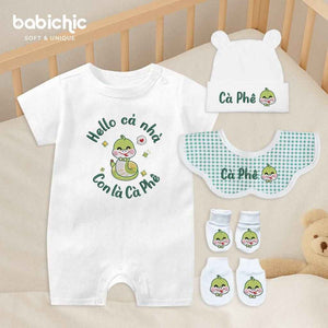 Set quà thêu tên cho bé trai - Cà Phê - Cotton Organic, Hình Rắn 2025, Xanh Lá, Quà Đầy Tháng Bé Trai Thêu Tên Cá Nhân