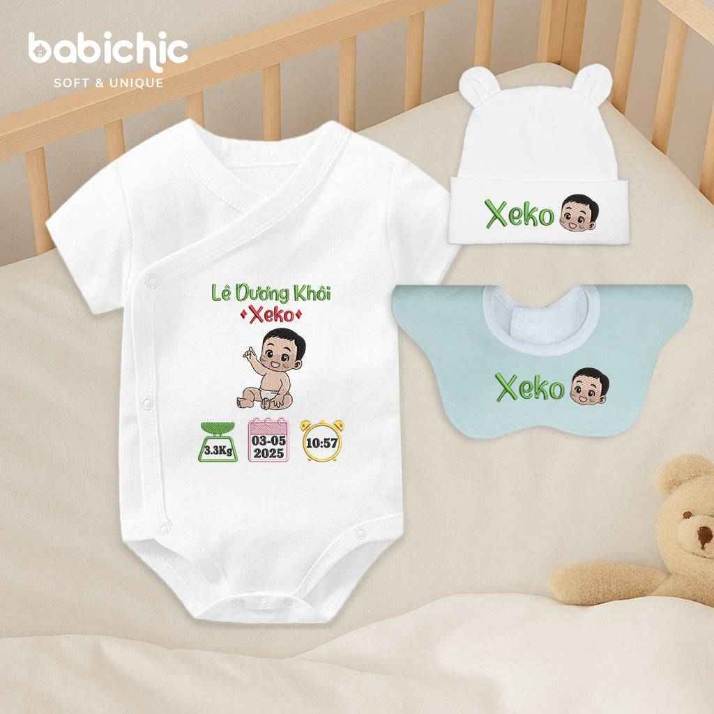 Bodysuit sơ sinh thêu tên cho bé trai – Quà đầy tháng cá nhân hóa, họa tiết bé cute, chỉ thêu xanh lá