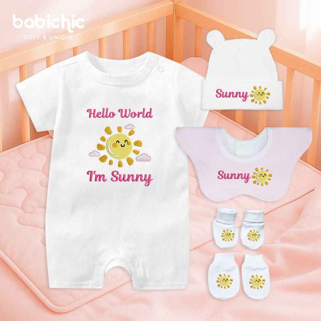 Set đồ đầy tháng bé gái thêu tên cá nhân hóa – Mẫu “I’m Sunny”, hình mặt trời tươi sáng