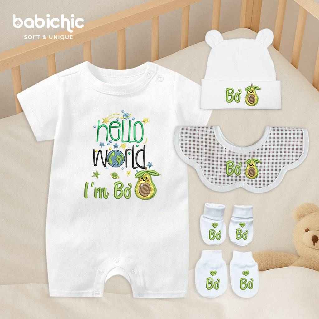 Set quà thêu tên cho bé trai - Bơ - Cotton Organic, Hình Trái Bơ, Tone Xanh Lá, Quà Đầy Tháng Bé Trai Cá Nhân Hóa