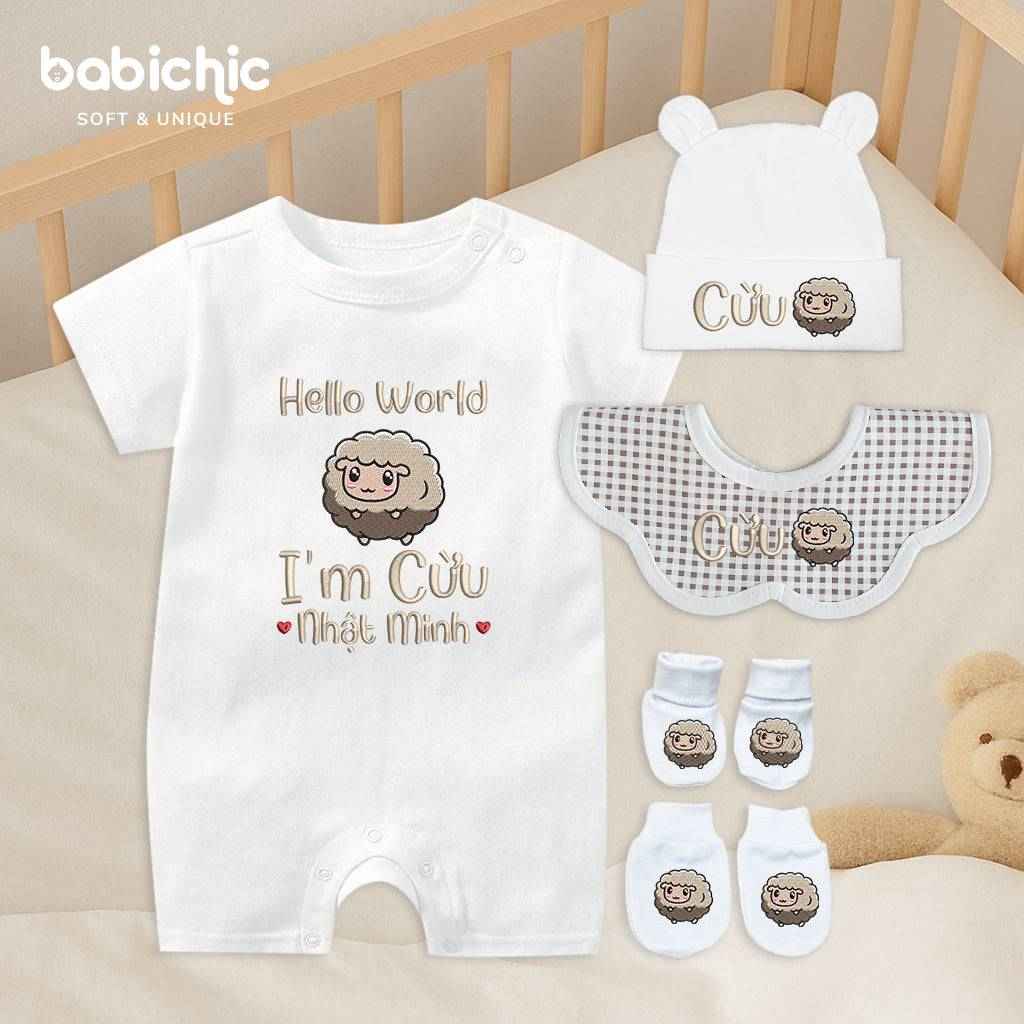 Set quà thêu tên cho bé trai - Cừu - Thêu Hình Cừu Dễ Thương, Tone Nâu, Quà Đầy Tháng Cá Nhân Hóa