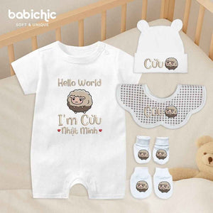 Set quà thêu tên cho bé trai - Cừu - Thêu Hình Cừu Dễ Thương, Tone Nâu, Quà Đầy Tháng Cá Nhân Hóa