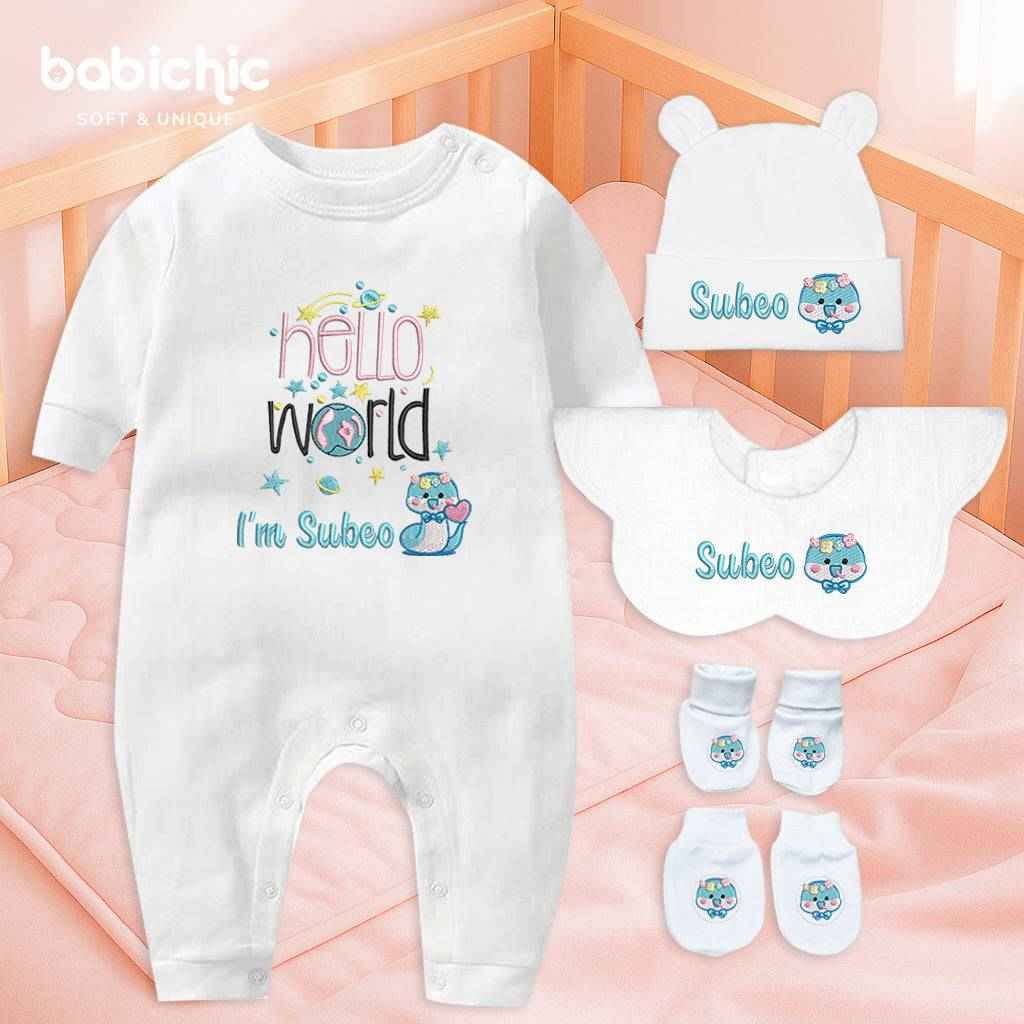 Quà đầy tháng cho bé gái cá nhân hóa – Set thêu tên Subeo & rắn xanh pastel