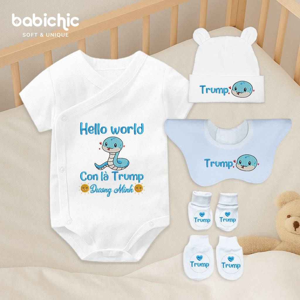 Set quà thêu tên cho bé trai - Dương Minh - Trump – Cotton Organic, Chủ Đề Rắn & Mặt Trời, Quà Đầy Tháng Bé Trai 2025