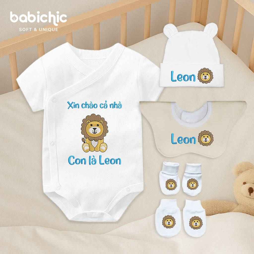 Set quà thêu tên cho bé trai - Leon – Cotton Organic Mềm Mại, Hình Sư Tử, Quà Đầy Tháng Cá Nhân Hóa
