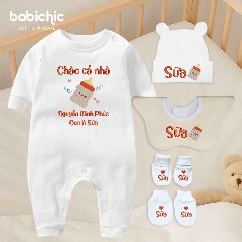 Set quà thêu tên cho bé - Minh Phúc - Sữa - Tone màu đỏ - Hình bình sữa đáng yêu - Set quà tặng cho bé trai
