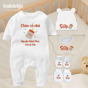 Set quà thêu tên cho bé - Minh Phúc - Sữa - Tone màu đỏ - Hình bình sữa đáng yêu - Set quà tặng cho bé trai