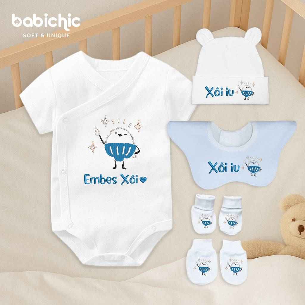 Set sơ sinh thêu tên “Xôi” – Hình xôi cute đáng yêu, tone xanh dương – Quà đầy tháng bé trai