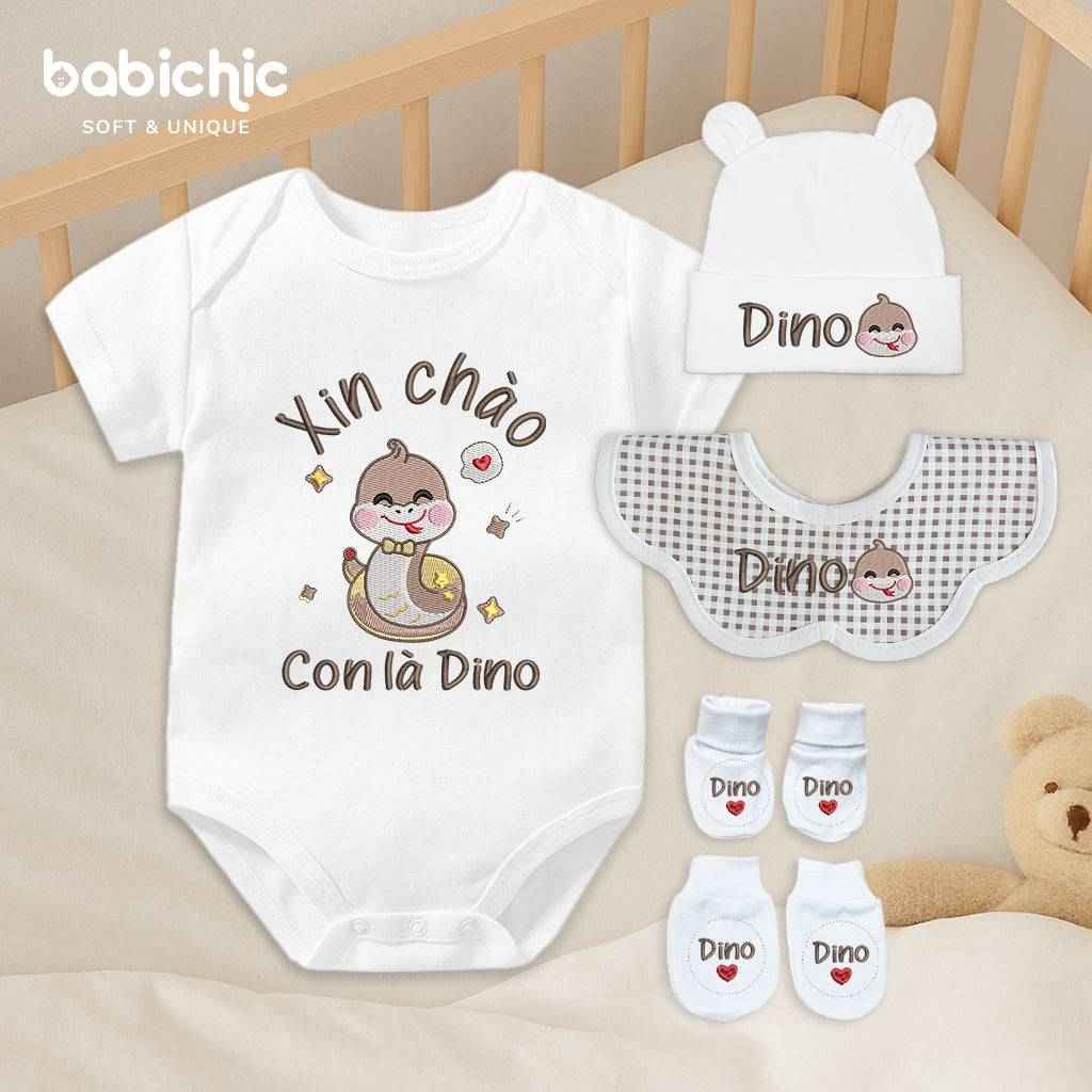 Set đồ sơ sinh cá nhân hóa cho bé trai – Bodysuit thêu tên “Con là Dino”, hình rắn dễ thương