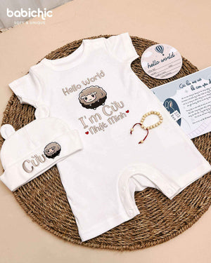 Set quà thêu tên cho bé trai - Cừu - Thêu Hình Cừu Dễ Thương, Tone Nâu, Quà Đầy Tháng Cá Nhân Hóa
