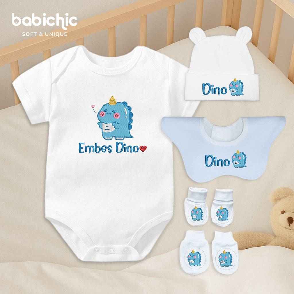 Set đồ sơ sinh thêu tên “Dino” – Chủ đề khủng long xanh dương, quà đầy tháng bé trai đáng yêu