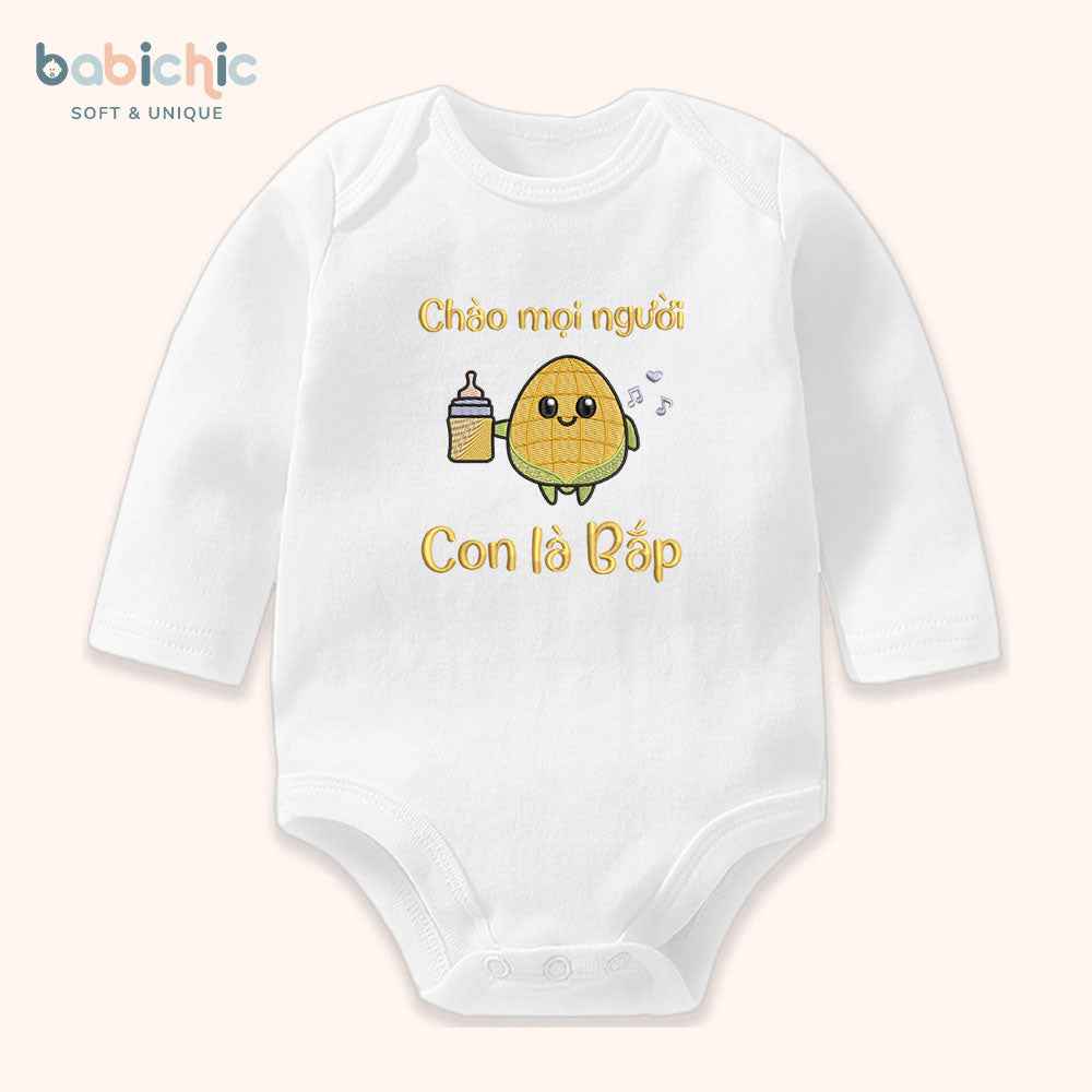 Set quà đầy tháng sơ sinh cho bé trai – Bodysuit thêu tên “Con là Bắp”, hình bé bắp dễ thương