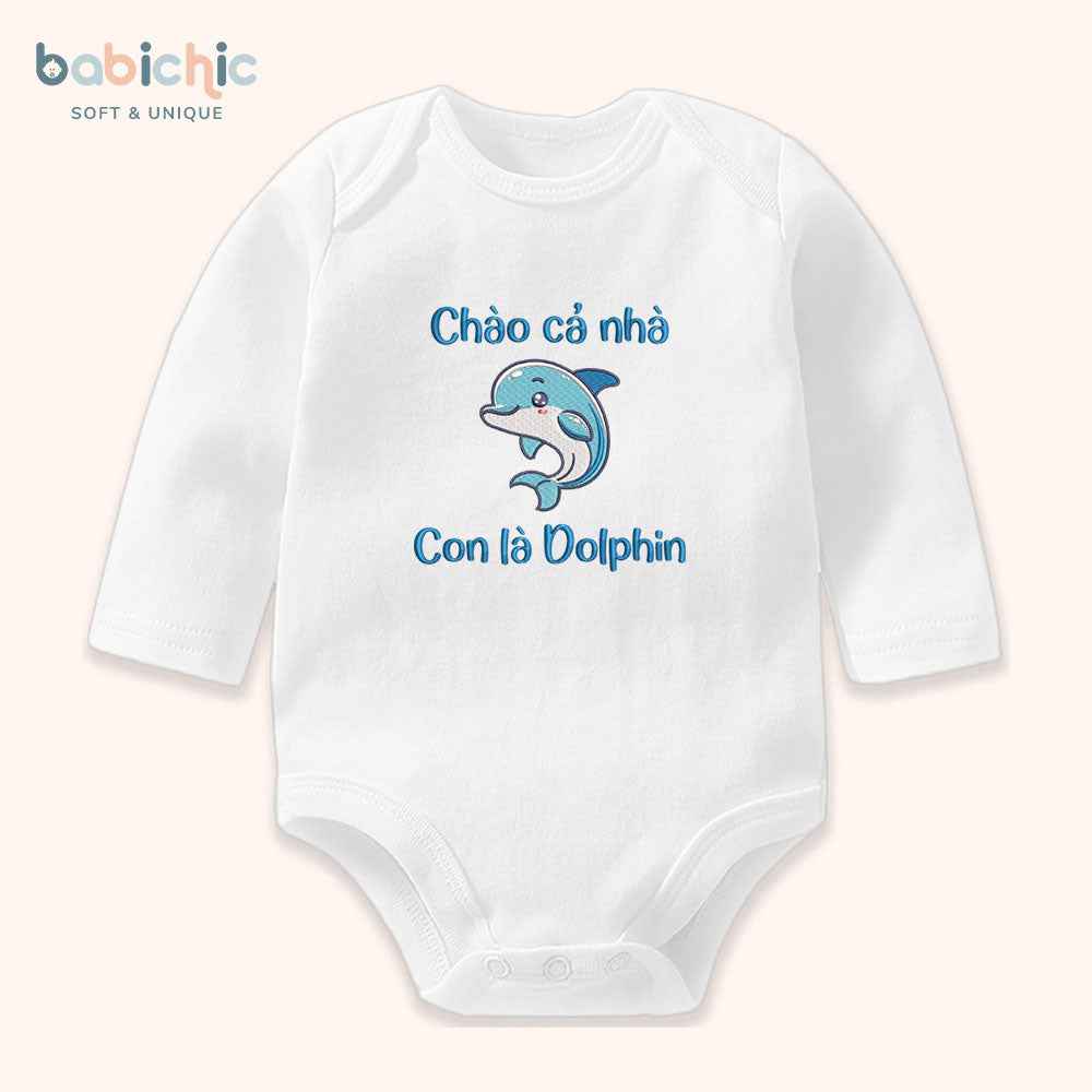 Bodysuit đầy tháng bé trai thêu tên cá nhân hóa – Mẫu “Con là Dolphin”, hình cá heo cute