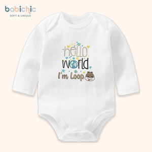 Bodysuit cá nhân hóa cho bé trai sơ sinh đầy tháng – Mẫu “Hello World – I’m Loop”, hình rắn nâu cute