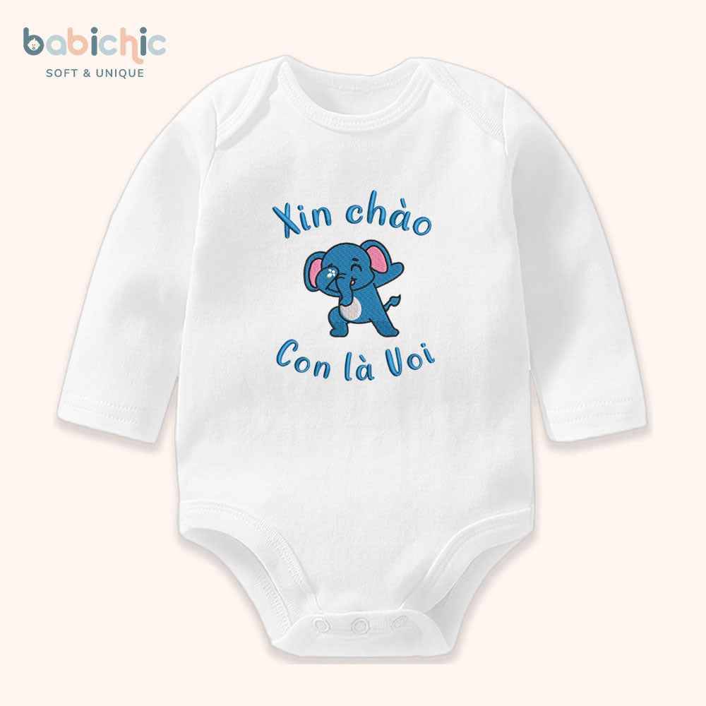 Set quà đầy tháng bé trai thêu tên theo yêu cầu – Bodysuit “Con là Voi”, hình voi xanh dương