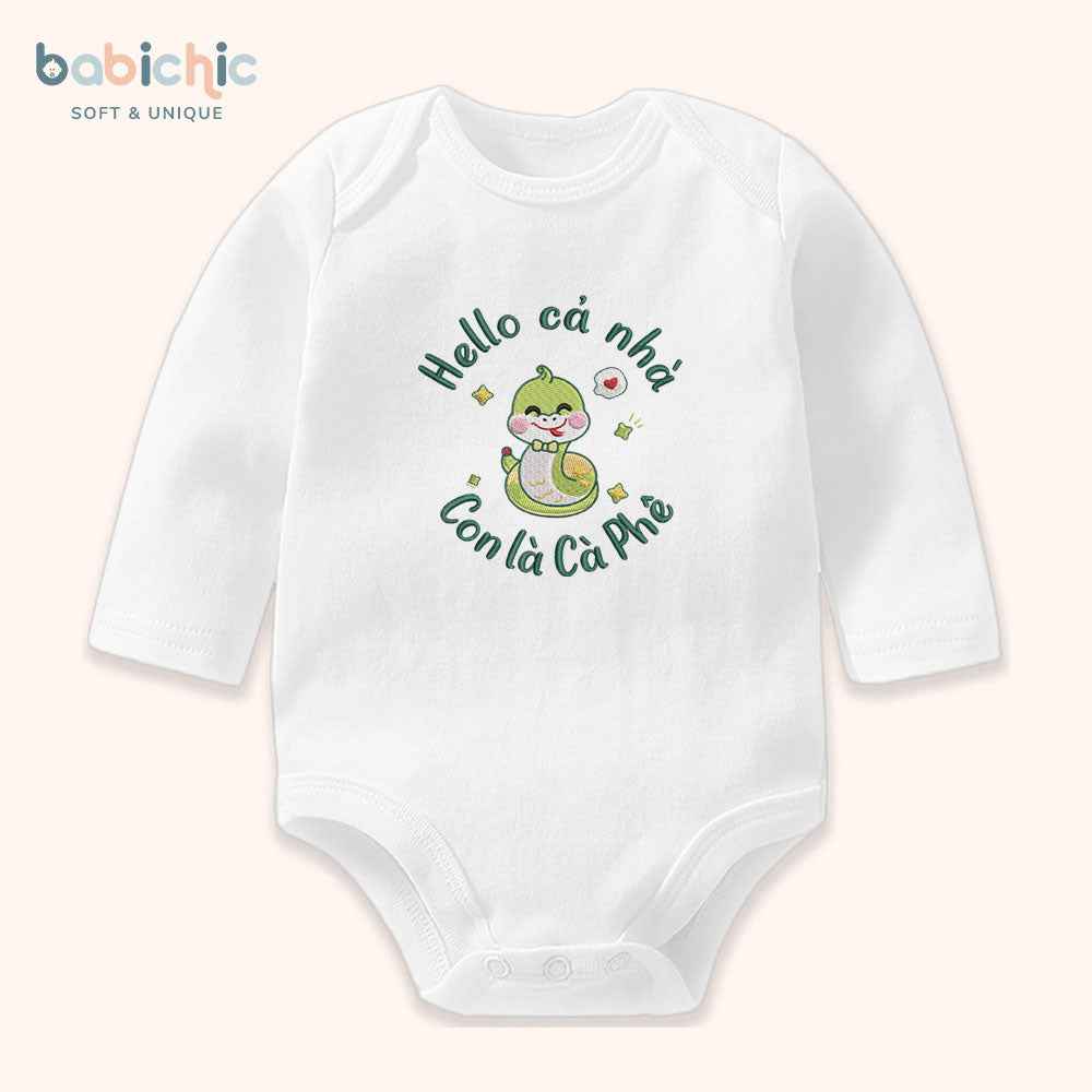 Set quà thêu tên cho bé trai - Cà Phê - Cotton Organic, Hình Rắn 2025, Xanh Lá, Quà Đầy Tháng Bé Trai Thêu Tên Cá Nhân