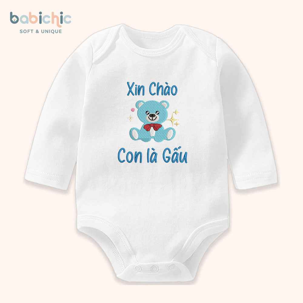 Set quà thêu tên cho bé trai - Gấu - Cotton Organic, Hình Gấu Xanh Dương, Quà Đầy Tháng Cá Nhân Hóa