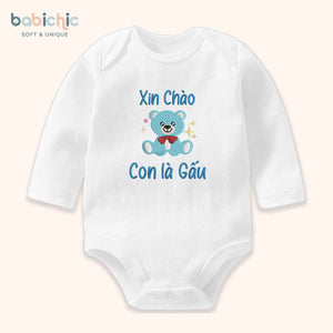 Set quà thêu tên cho bé trai - Gấu - Cotton Organic, Hình Gấu Xanh Dương, Quà Đầy Tháng Cá Nhân Hóa