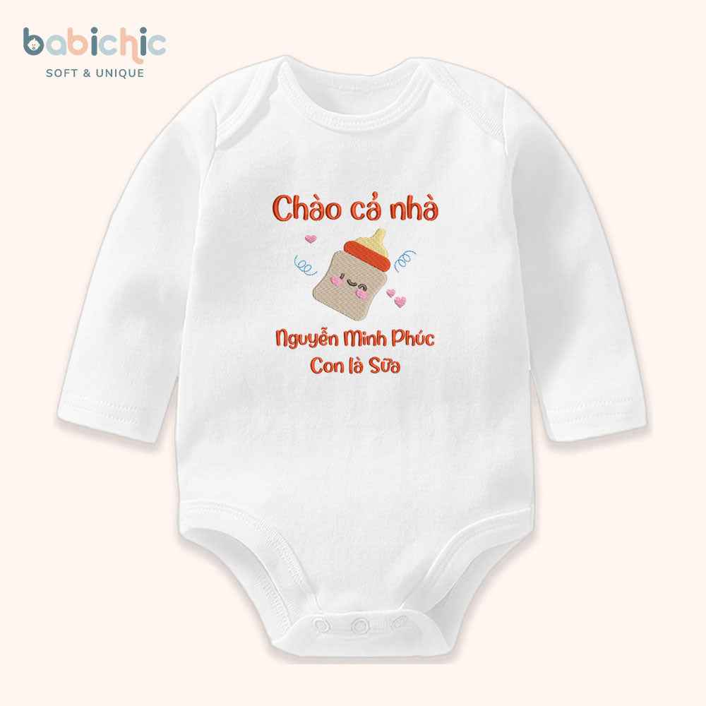 Set quà thêu tên cho bé - Minh Phúc - Sữa - Tone màu đỏ - Hình bình sữa đáng yêu - Set quà tặng cho bé trai