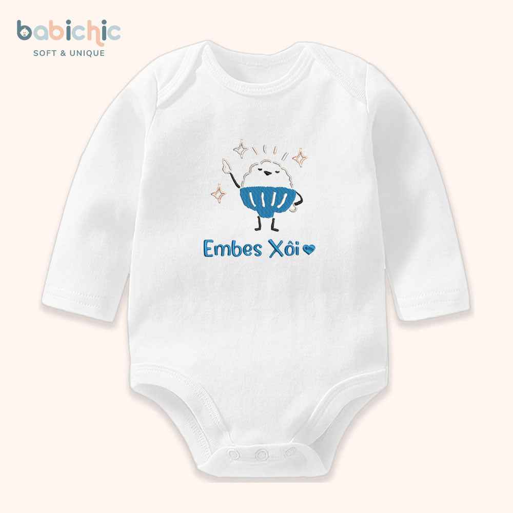 Set sơ sinh thêu tên “Xôi” – Hình xôi cute đáng yêu, tone xanh dương – Quà đầy tháng bé trai