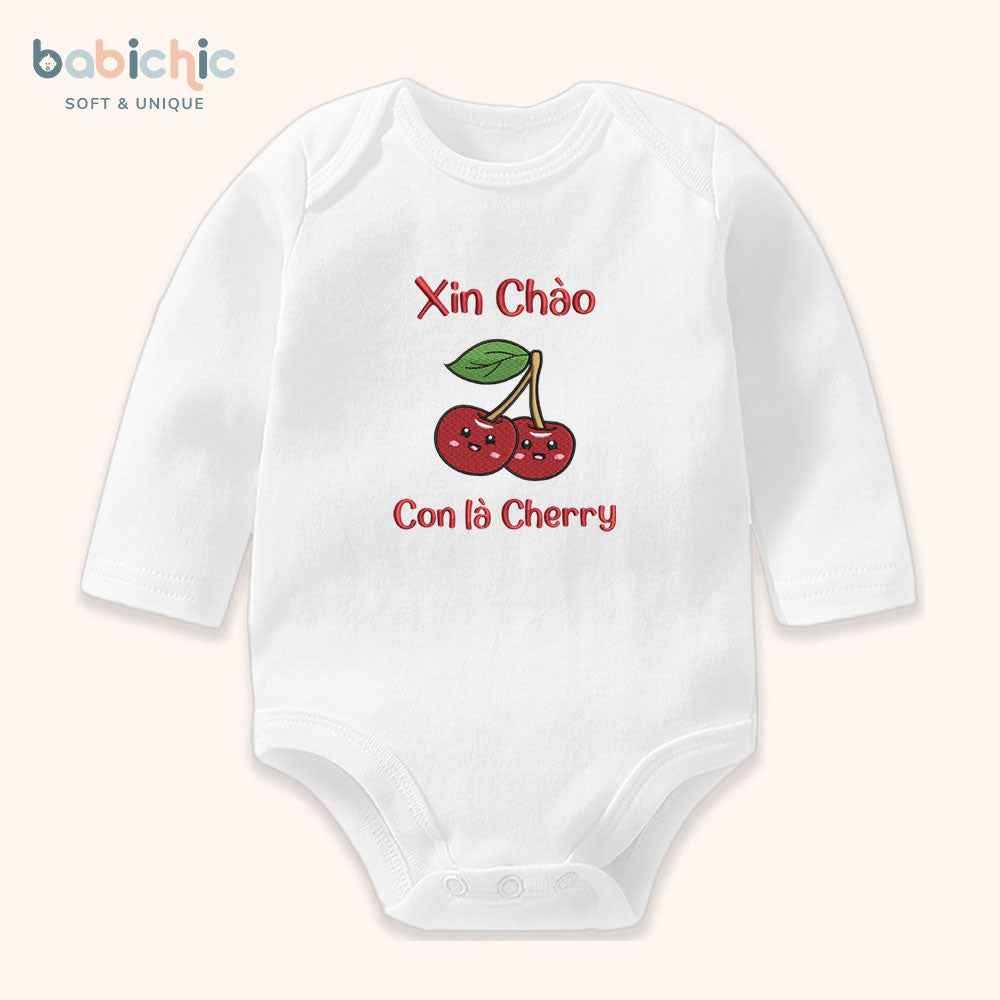 Set đầy tháng bé gái Cherry – Thêu tên & trái cherry đỏ nổi bật, body sơ sinh cá nhân hóa ngộ nghĩnh