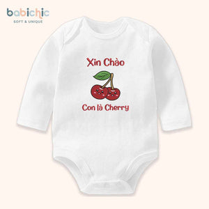 Set đầy tháng bé gái Cherry – Thêu tên & trái cherry đỏ nổi bật, body sơ sinh cá nhân hóa ngộ nghĩnh