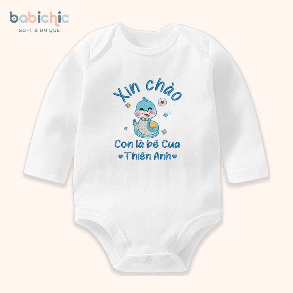 Set đồ sơ sinh thêu tên “Thiên Anh – Cua” – Hình rắn xanh dương, quà đầy tháng cá nhân hóa cho bé trai