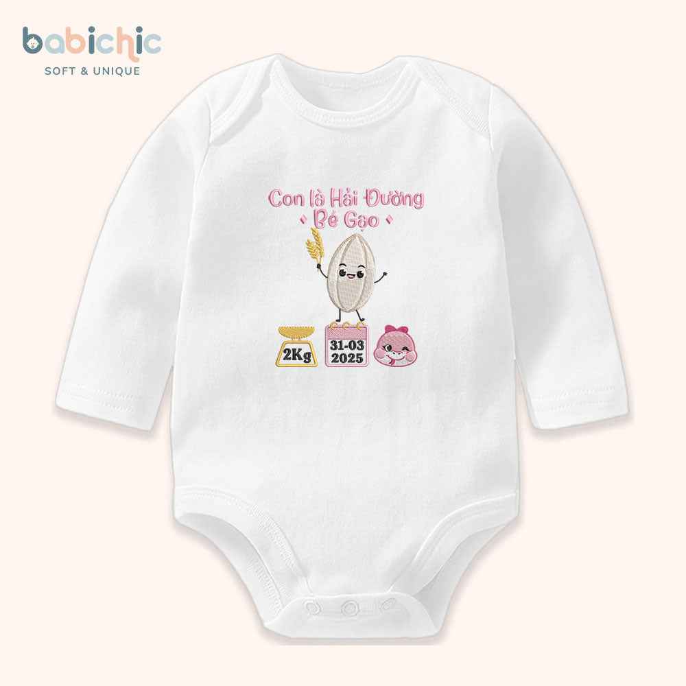 Set đồ đầy tháng cho bé gái thêu tên riêng – Mẫu “Hải Đường + Bé Gạo” họa tiết hạt gạo dễ thương, thông số sinh
