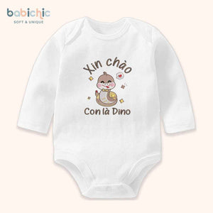 Set đồ sơ sinh cá nhân hóa cho bé trai – Bodysuit thêu tên “Con là Dino”, hình rắn dễ thương