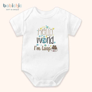 Bodysuit cá nhân hóa cho bé trai sơ sinh đầy tháng – Mẫu “Hello World – I’m Loop”, hình rắn nâu cute