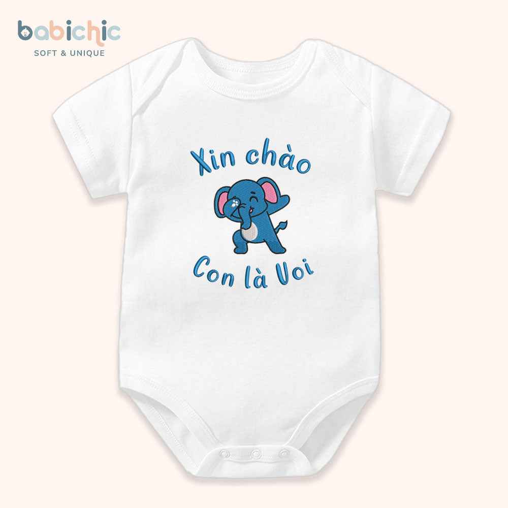 Set quà đầy tháng bé trai thêu tên theo yêu cầu – Bodysuit “Con là Voi”, hình voi xanh dương