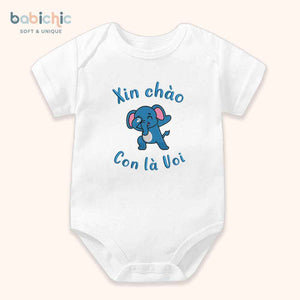 Set quà đầy tháng bé trai thêu tên theo yêu cầu – Bodysuit “Con là Voi”, hình voi xanh dương