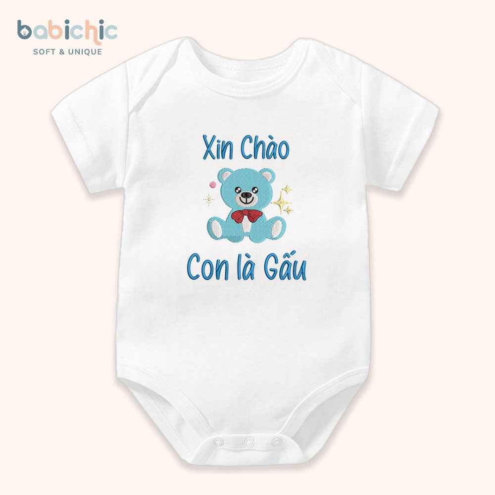 Set quà thêu tên cho bé trai - Gấu - Cotton Organic, Hình Gấu Xanh Dương, Quà Đầy Tháng Cá Nhân Hóa