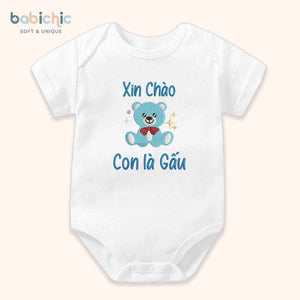 Set quà thêu tên cho bé trai - Gấu - Cotton Organic, Hình Gấu Xanh Dương, Quà Đầy Tháng Cá Nhân Hóa
