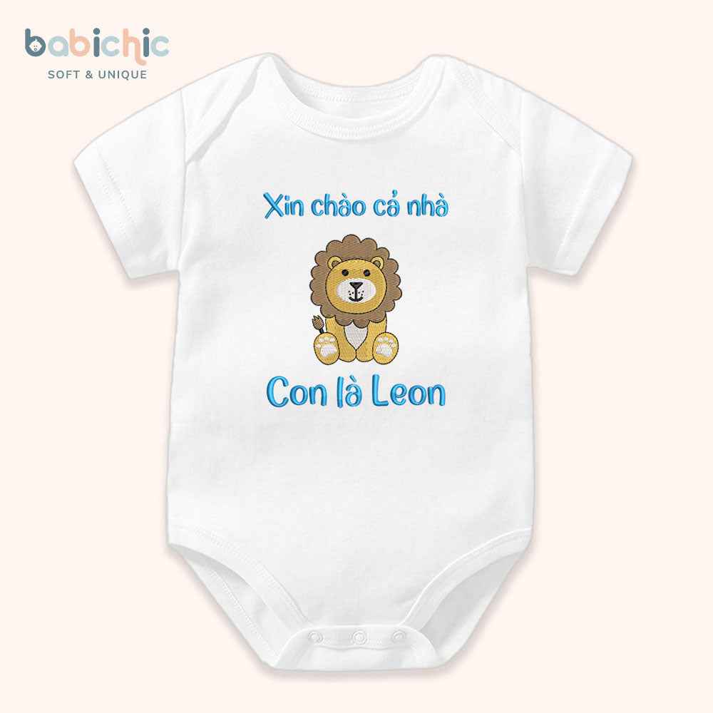 Set quà thêu tên cho bé trai - Leon – Cotton Organic Mềm Mại, Hình Sư Tử, Quà Đầy Tháng Cá Nhân Hóa