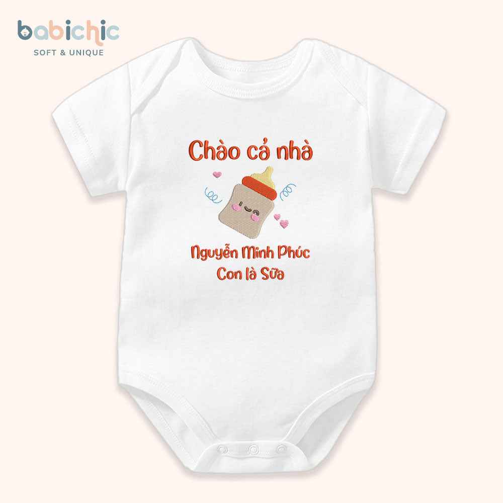 Set quà thêu tên cho bé - Minh Phúc - Sữa - Tone màu đỏ - Hình bình sữa đáng yêu - Set quà tặng cho bé trai