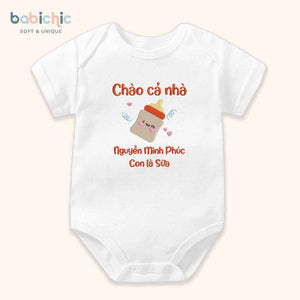 Set quà thêu tên cho bé - Minh Phúc - Sữa - Tone màu đỏ - Hình bình sữa đáng yêu - Set quà tặng cho bé trai