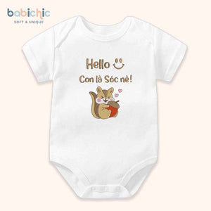 Set đồ sơ sinh thêu tên “Sóc” – Hình sóc dễ thương, tone nâu nhạt – Quà đầy tháng bé trai cá nhân hóa