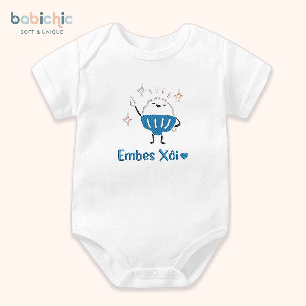 Set sơ sinh thêu tên “Xôi” – Hình xôi cute đáng yêu, tone xanh dương – Quà đầy tháng bé trai