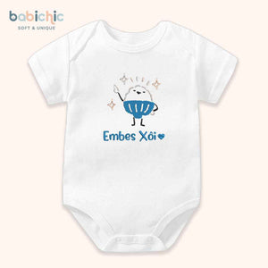 Set sơ sinh thêu tên “Xôi” – Hình xôi cute đáng yêu, tone xanh dương – Quà đầy tháng bé trai