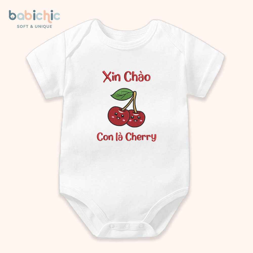 Set đầy tháng bé gái Cherry – Thêu tên & trái cherry đỏ nổi bật, body sơ sinh cá nhân hóa ngộ nghĩnh