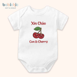 Set đầy tháng bé gái Cherry – Thêu tên & trái cherry đỏ nổi bật, body sơ sinh cá nhân hóa ngộ nghĩnh